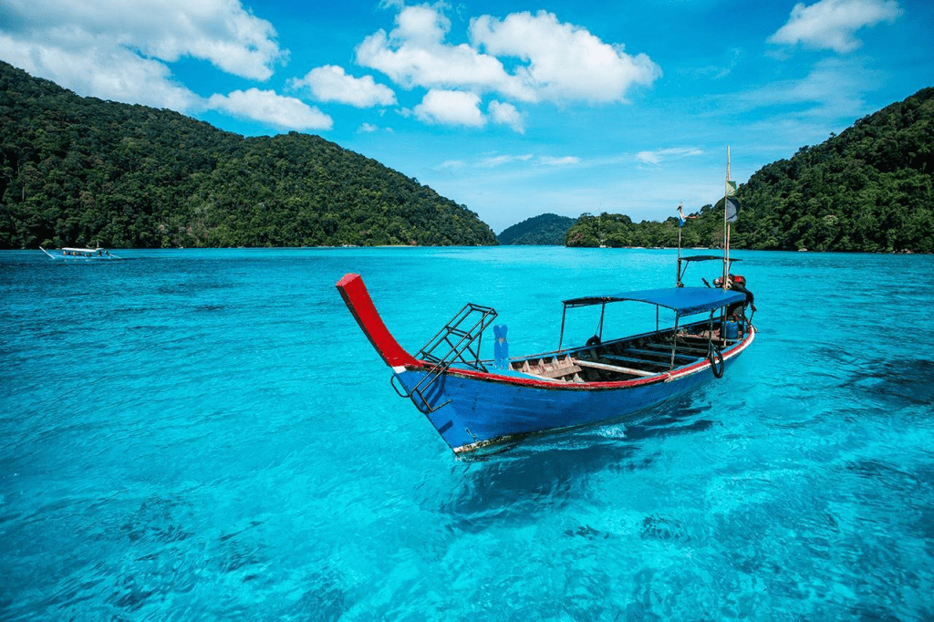 Coral reef and forested shoreline at the Surin Islands in the northern Andaman Sea