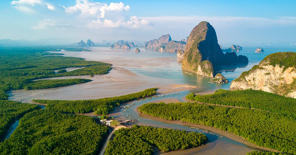 Limestone karst islands rising from the water in Phang Nga Bay near Phuket