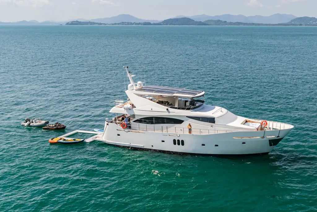 Beluga 88 at anchor off Phuket with water toys alongside